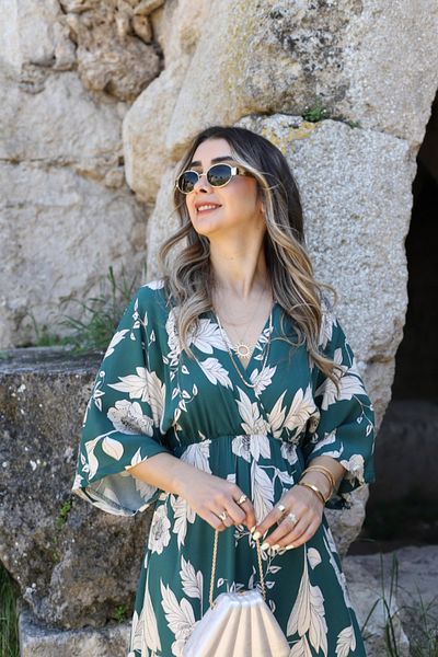 bytugcekaya Green Lily Pattern Bat Sleeve Slit Detail Dress