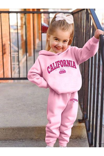 DUBU BUTİK California Printed Cotton Kids Hoodie Set - Pink Jogger Printed Girls Boys