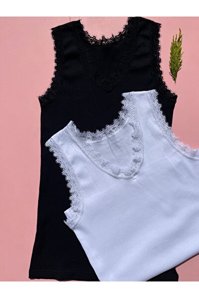 LEYNA BUTİK Cotton Camisole Fabric Wide Strap V-Neck 2-Piece White, Black Mod...