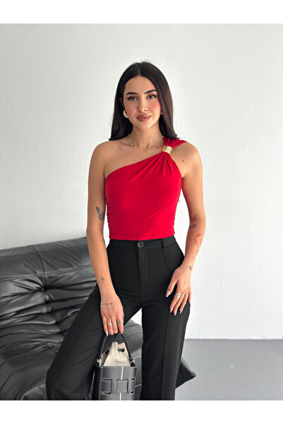 sportiness One Shoulder Accessory Detail Crop Sandy Fabric Bluz