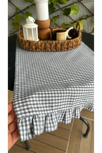 Decamor home Βαμβακερό λινό Γκρι Mini Gingham Frilly Runner