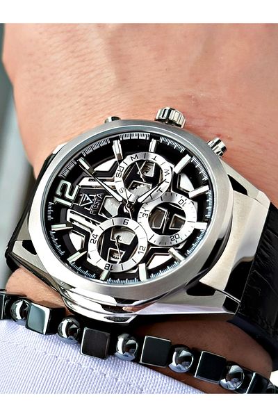 Fiesta Black Color Function Steel Case Sport Leather Silicone Men Wrist Watch + Bracelet