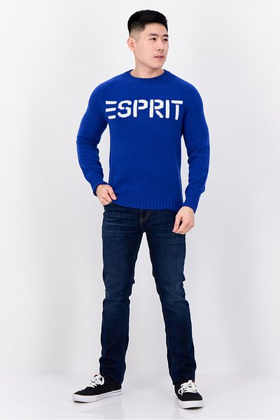 Esprit Men Ribbed Neck Embroidered Logo Sweater, Blue