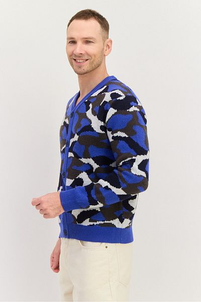 Esprit Men V Neck Long Sleeves Knitted Cardigan, Blue Combo