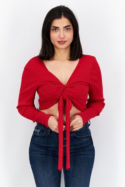 NA-KD Women Tie Neck Long Sleeve Ribbed Wrap Top, Red