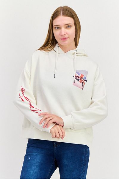 Pepe Jeans Women Hooded Brand Logo Long Sleeves Sweatshirt, White