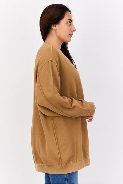 aerie Women Crew Neck Long Sleeves Plain Sweatshirts, Tan