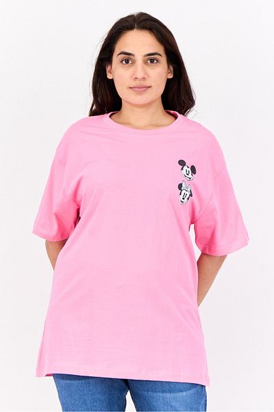 Disney Women Crew Neck Short Sleeves Mickey And Mice Print T-Shirt, Pink