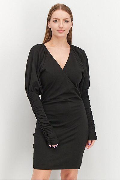 NA-KD Women Wrap Jersey Voluminous Sleeve Casual Mini Dress, Black