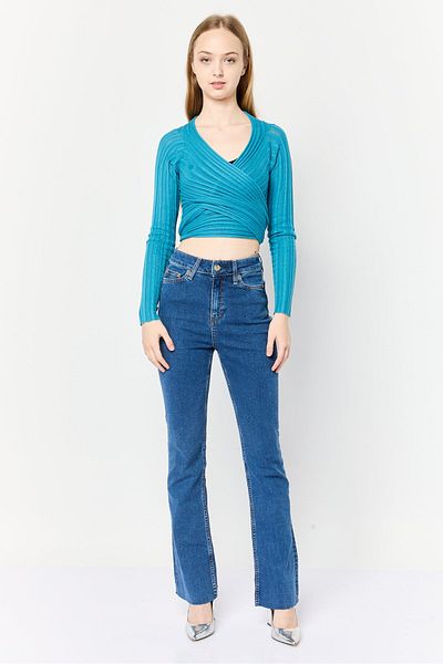 collusion Women Split Neck Knitted Wrap Cardigan, Mid Blue