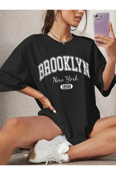 EXPECTED Tricou oversize Brooklyn Graphic pentru femei, bumbac, maneca scurta...