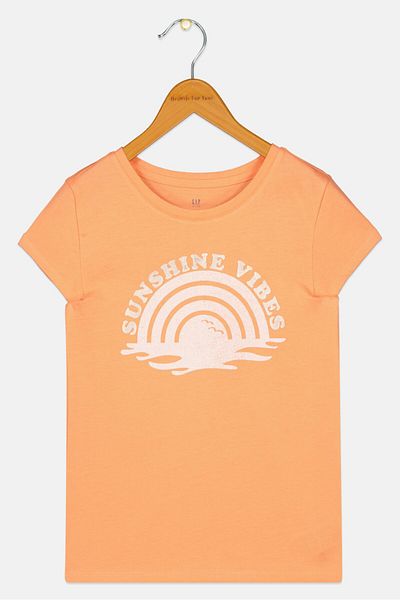 GAP Kids Girl Round Neck Cap Sleeve Graphic Print Top, Peach