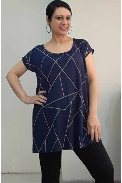 Mertcan Butik Navy Blue Print Size Whole Incoming Low Arm Combed Viscose T-Shirt