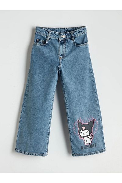 LC Waikiki Pantaloni de jeans pentru fete cu imprimeu Kuromi cu talie albastră
