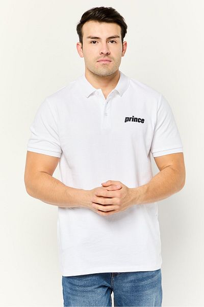 Prince قميص بولو رجالي بقصّة عادية وأكمام قصيرة وشعار مطرز، أبيض