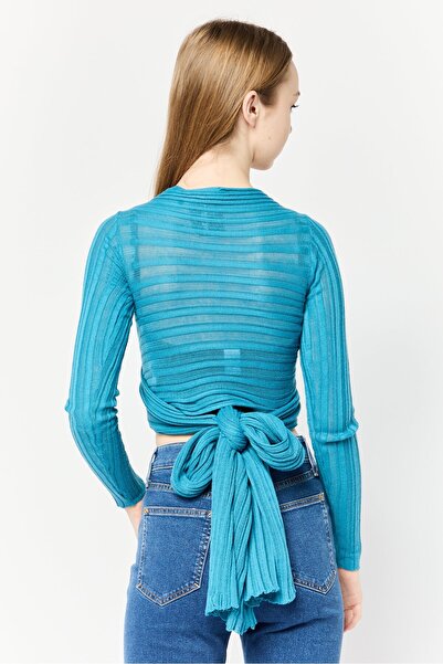 collusion Women Split Neck Knitted Wrap Cardigan, Mid Blue