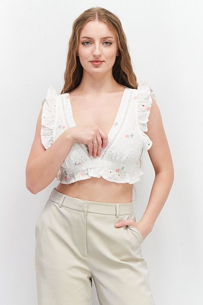 Lost Ink Women V-Neck Sleeveless Embroidered Top, White Combo