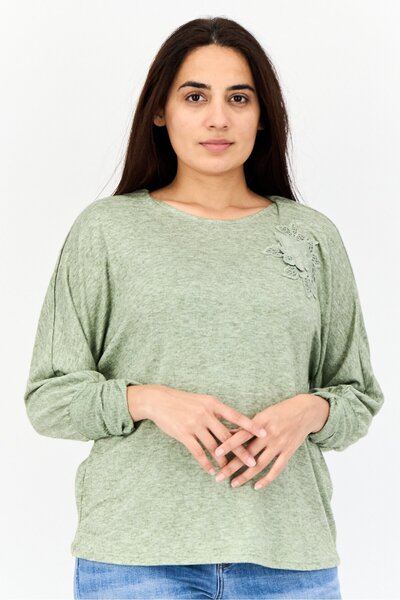 Adrienne Vittadini Women Round Neck Long Sleeves Heather Top, Olive