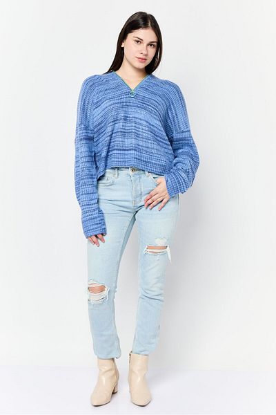 aerie Women Spread Collar Knitted Sweater, Blue