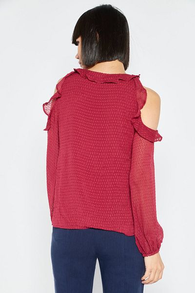 CECE Women V-neck Cold Shoulder Sheer Lined Blouse, Red