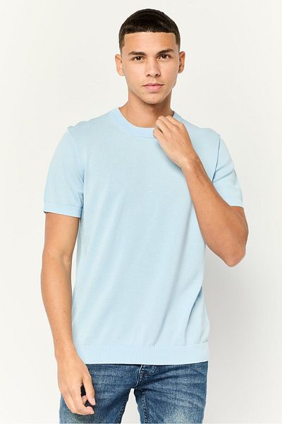 Esprit Men Ribbed Neck Short Sleeves Plain Seamless T-shirt, Light Blue