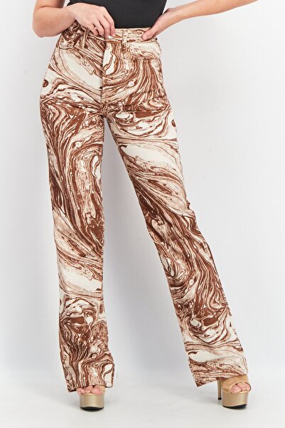 TopShop Women Marble Print Wide Leg Non Stretchable Denim Jeans, Brown