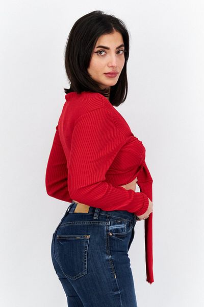 NA-KD Women Tie Neck Long Sleeve Ribbed Wrap Top, Red