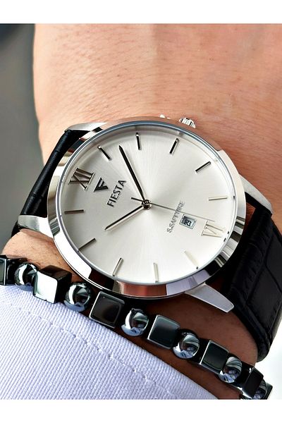 Fiesta Black Color Roman Numeral Steel Case Business Men's Wrist Watch + Bracelet
