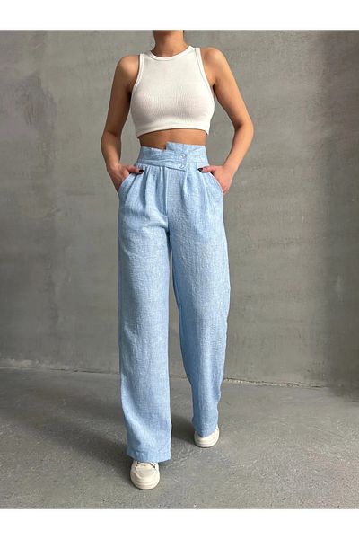 GALAVİP Women's New Year Blue Double Button Pleated Cotton Linen Fabric Palazzo Pants