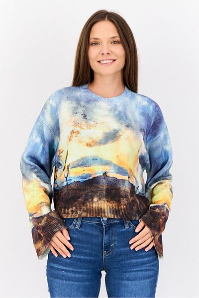Esprit Women Ribbed Collar Graphic Printed Sweater, Multicolour