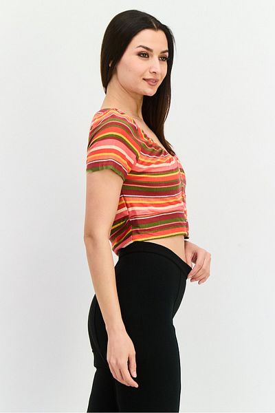 Bcbgeneration Women Scoop Neck Short Sleeves Stripe Crop Top, Pink