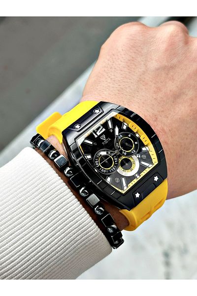 Fiesta Yellow Color Silicone Function Steel Case Business Men's Wrist Watch + Bracelet
