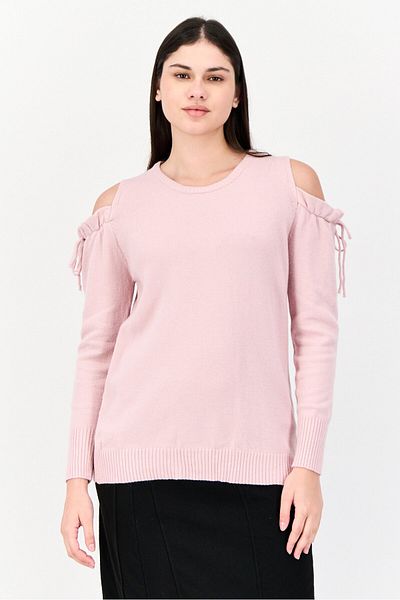 Poof Women Crew Neck Cold Shoulder Sweatshirt,pink