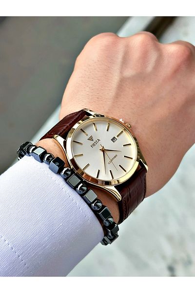 Fiesta Coffee Color Classic Plain Model Steel Case Men's Wristwatch + Bracelet