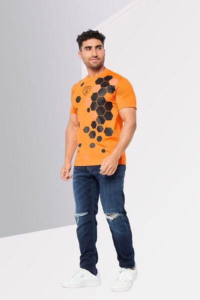 Lamborghini Men Crew Neck Short Sleeves Graphic Print T-shirt, Orange