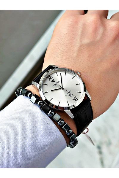 Fiesta Black Color Roman Numeral Steel Case Business Men's Wrist Watch + Bracelet