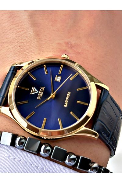 Fiesta Navy Blue Color Classic Simple Model Steel Case Men's Wristwatch + Bracelet