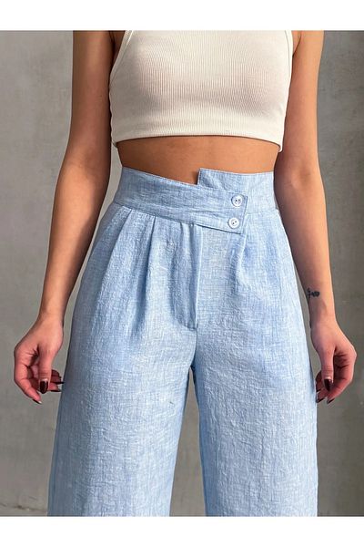 GALAVİP Women's New Year Blue Double Button Pleated Cotton Linen Fabric Palazzo Pants