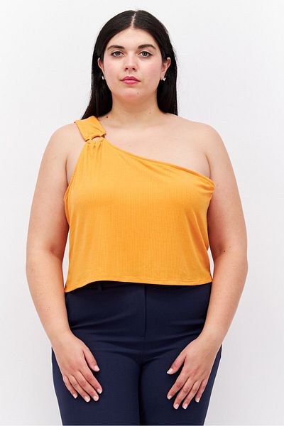 Love, Fire Women Plus Size Asymmetrical Neck One Shoulder Ribbed Top, Orange