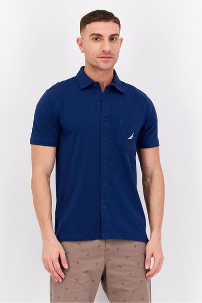 Nautica Men Regular Fit Embroidered Logo Short Sleeves Casual Shirt, Navy