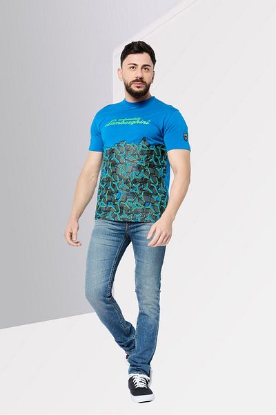 Lamborghini Men Crew Neck Allover Print T-shirt, Blue