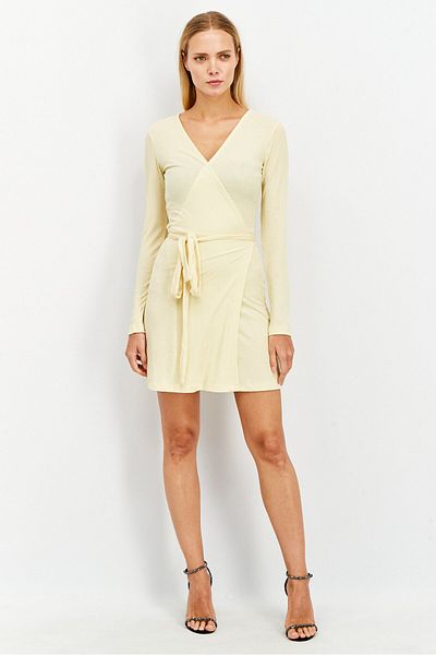 NA-KD Women Overlap Tie Ribbed Mini Dress, Yellow