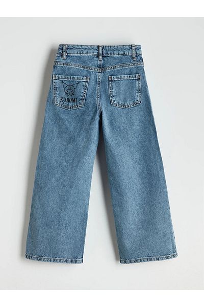 LC Waikiki Pantaloni de jeans pentru fete cu imprimeu Kuromi cu talie albastră