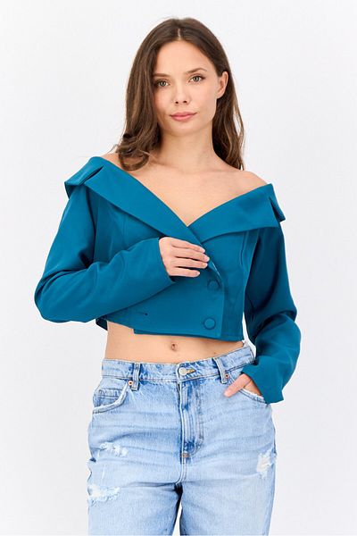 Saint Genies Women Regular Fit Solid Semi Formal Cropped Blazer, Teal Blue