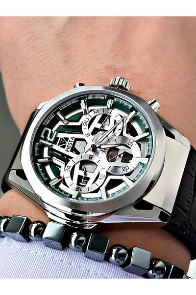 Fiesta Black Color Function Steel Case Sport Leather Silicone Men Wrist Watch + Bracelet