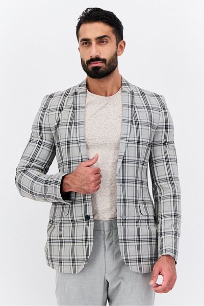 Asos Design Men Skinny Fit Checkered Semi Formal Blazer, Grey