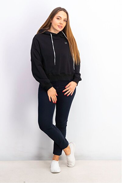 Steve Madden Women Hood With Drawstring Plain Long Sleeve Sweatshirt, Black