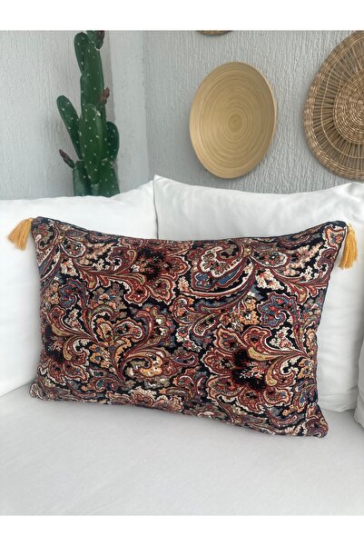 Decamor home Dokuma Kumaş Siyah Renkli Çiçek Nakışlı Püsküllü Etnik Desen Kır...