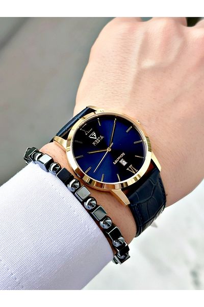 Fiesta Navy Blue Color Roman Numeral Steel Case Business Men's Wrist Watch + Bracelet
