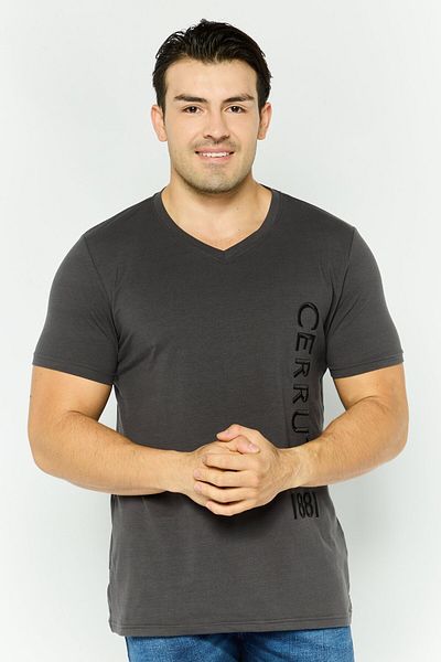 Cerruti 1881 Men V Neck Short Sleeves Embroidered Logo T-Shirt, Dark Grey